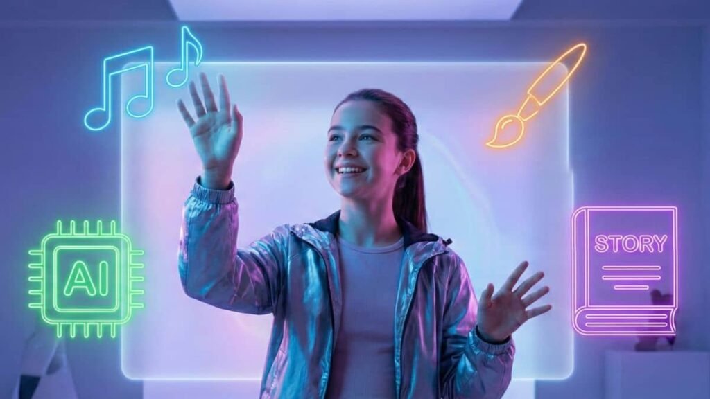 Creative AI for kids: Child using creative AI for art and music on a tablet with colorful holographic effects