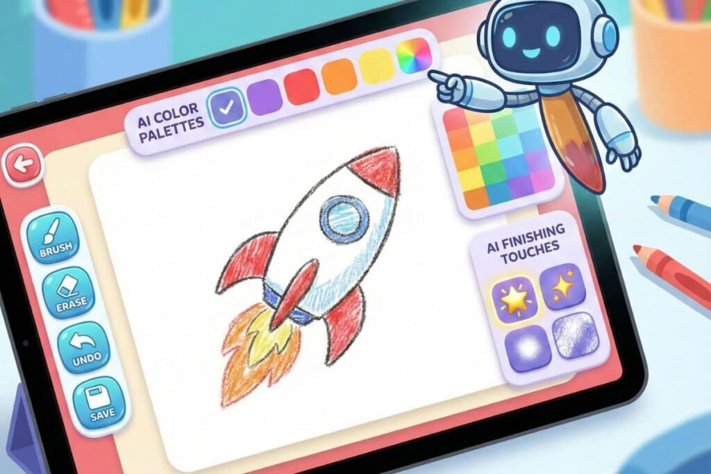 creative AI for kids: AI drawing app interface for kids suggesting colors and finishing a sketch of a space scene
