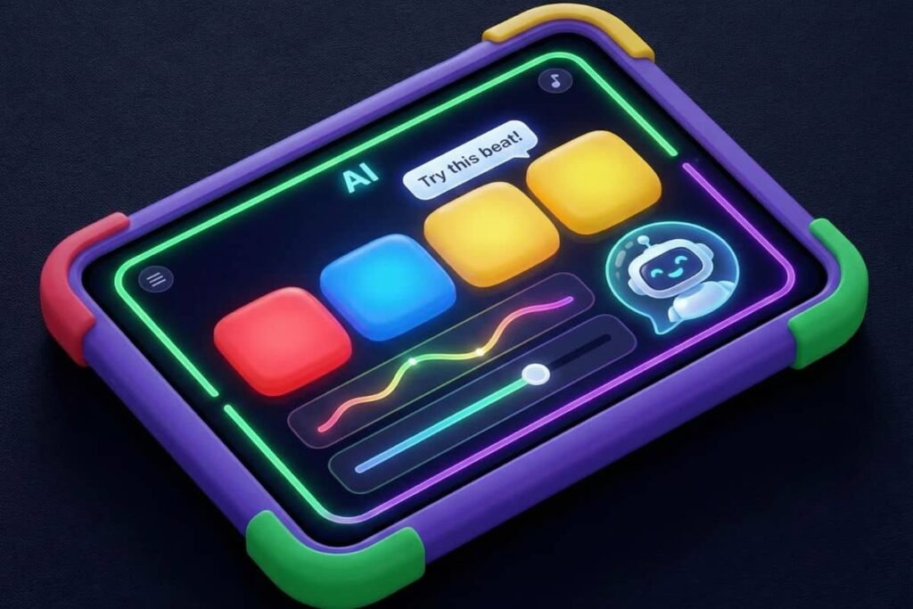 creative AI for kids: Child using an AI music composition app to build beats and melodies with smart feedback